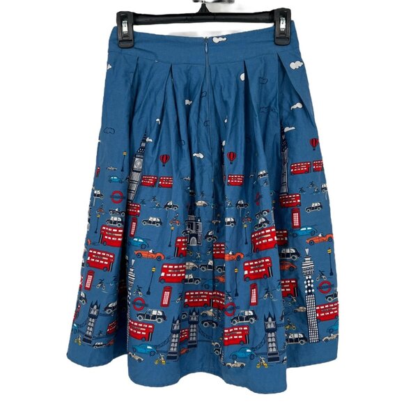 London Cityscape Print Double Decker Bus Taxi Blue Red Pleated Skirt Size XS - Picture 5 of 10
